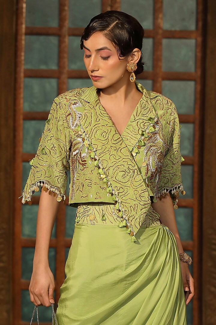 Pista Green Silk Draped Skirt Set by Design O Stitch at Pernia's Pop Up Shop