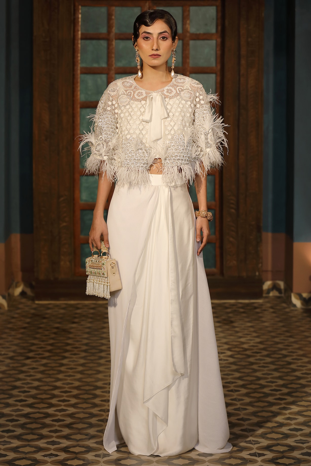 White Satin Pleated Draped Skirt Set by Design O Stitch at