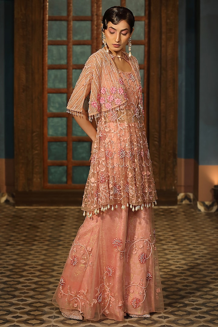 Pink Satin Pearl Embroidered Cape Set by Design O Stitch at Pernia's Pop Up Shop