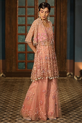 Pink Satin Pearl Embroidered Cape Set by Design O Stitch