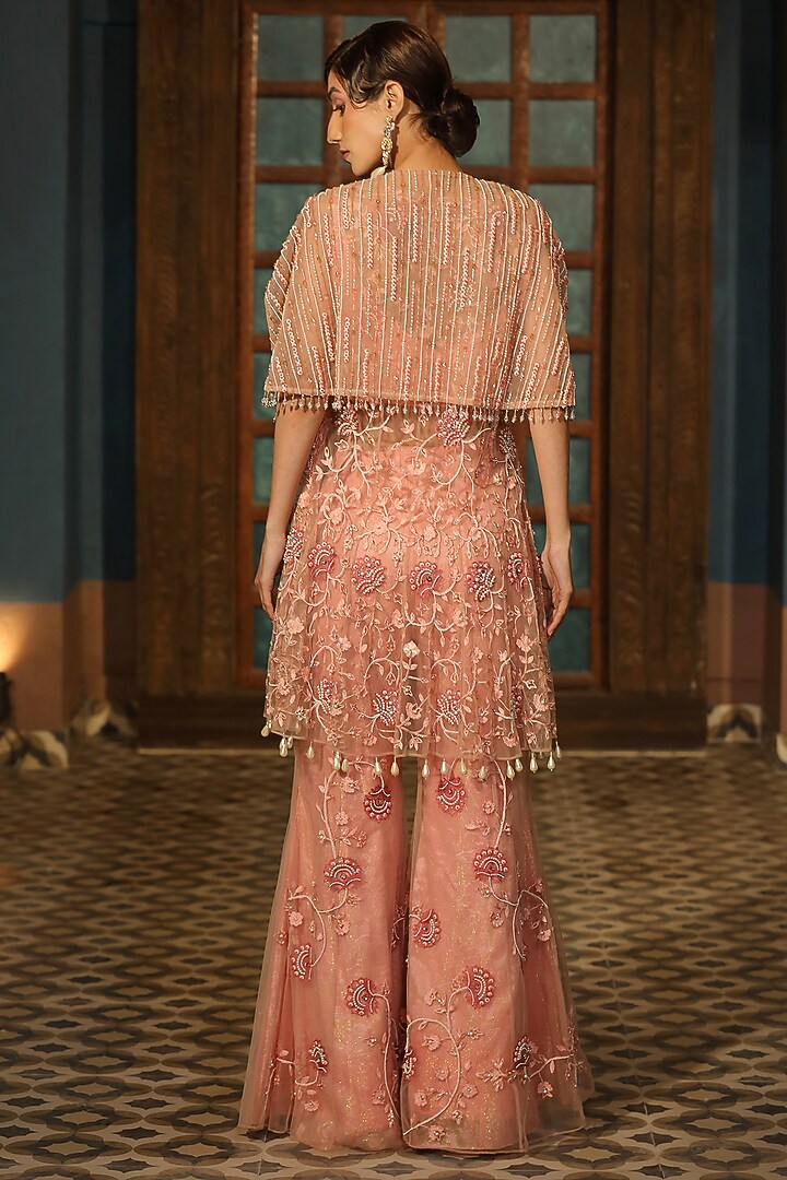 Pink Satin Pearl Embroidered Cape Set by Design O Stitch at Pernia's Pop Up Shop