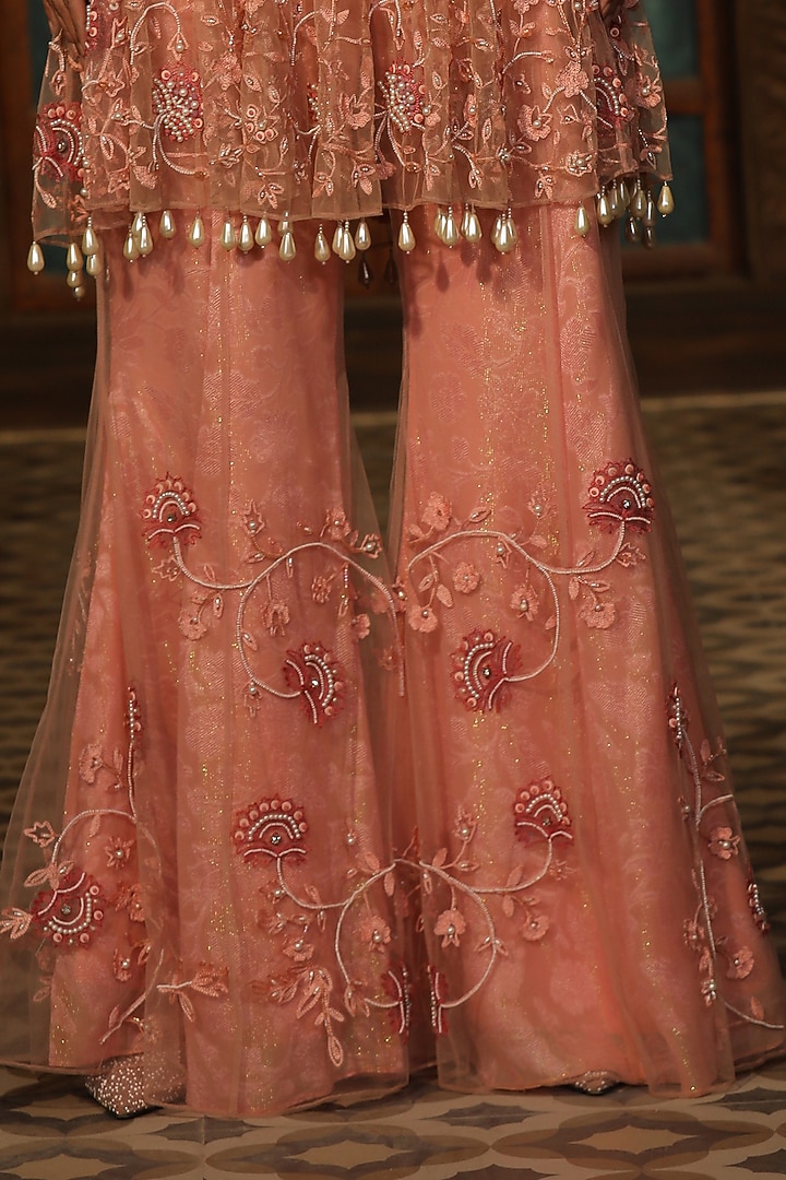 Pink Satin Pearl Embroidered Cape Set by Design O Stitch at Pernia's Pop Up Shop