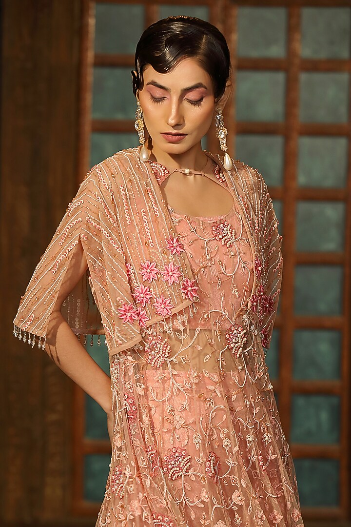 Pink Satin Pearl Embroidered Cape Set by Design O Stitch at Pernia's Pop Up Shop