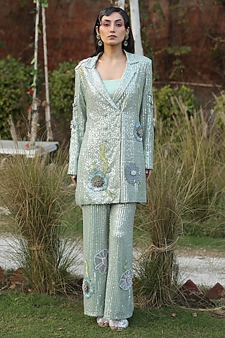 Mint Sequins Blazer Set by Design O Stitch