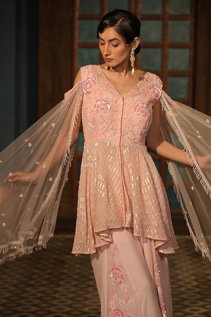 Pink Georgette Flowy Wedding Sharara Set by Design O Stitch at Pernia's Pop Up Shop