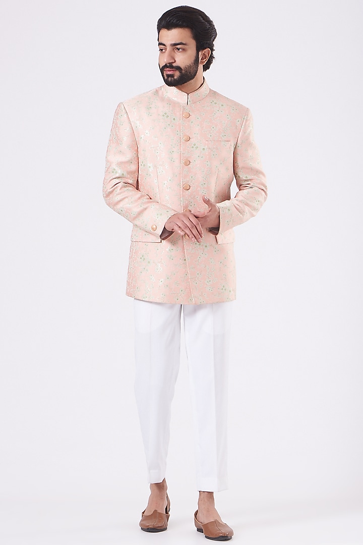 Blush Pink Brocade Bandhgala Jacket Set by Design O Stitch Men