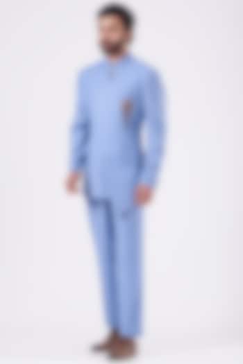 Powder Blue Embroidered Bandhgala Jacket Set by Design O Stitch Men