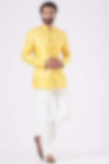 Yellow Embroidered Bandhgala Jacket Set by Design O Stitch Men