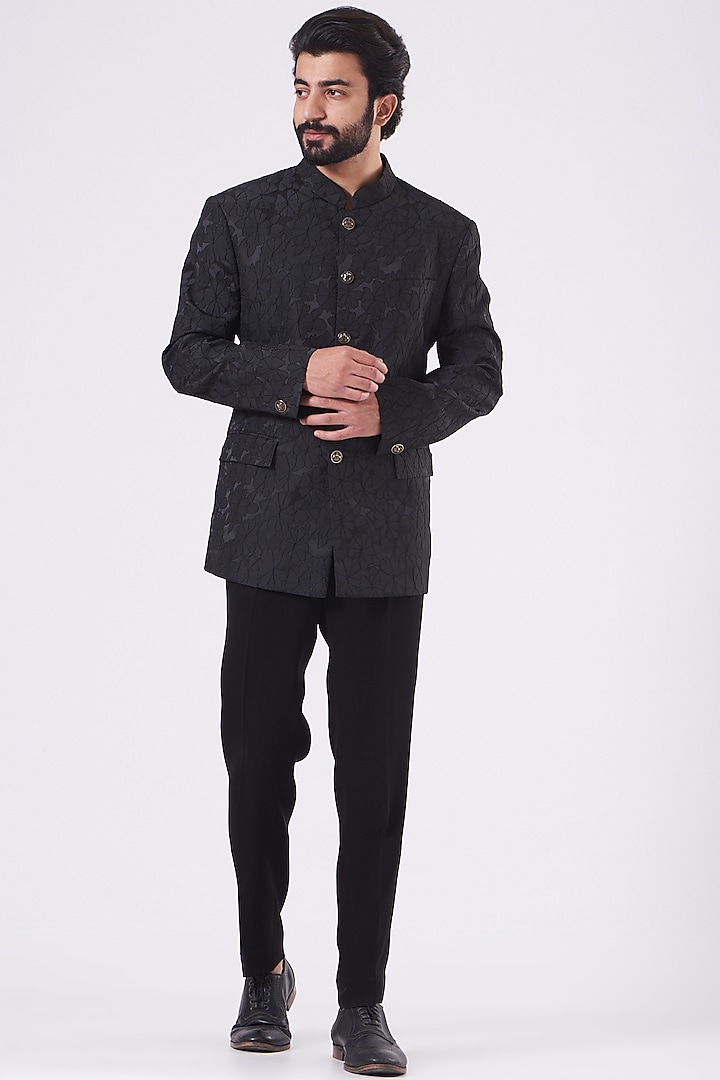 Black Embossed Bandhgala Jacket by Design O Stitch Men