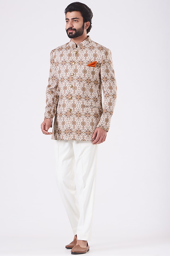 White Printed Quilted Bandhgala Jacket by Design O Stitch Men