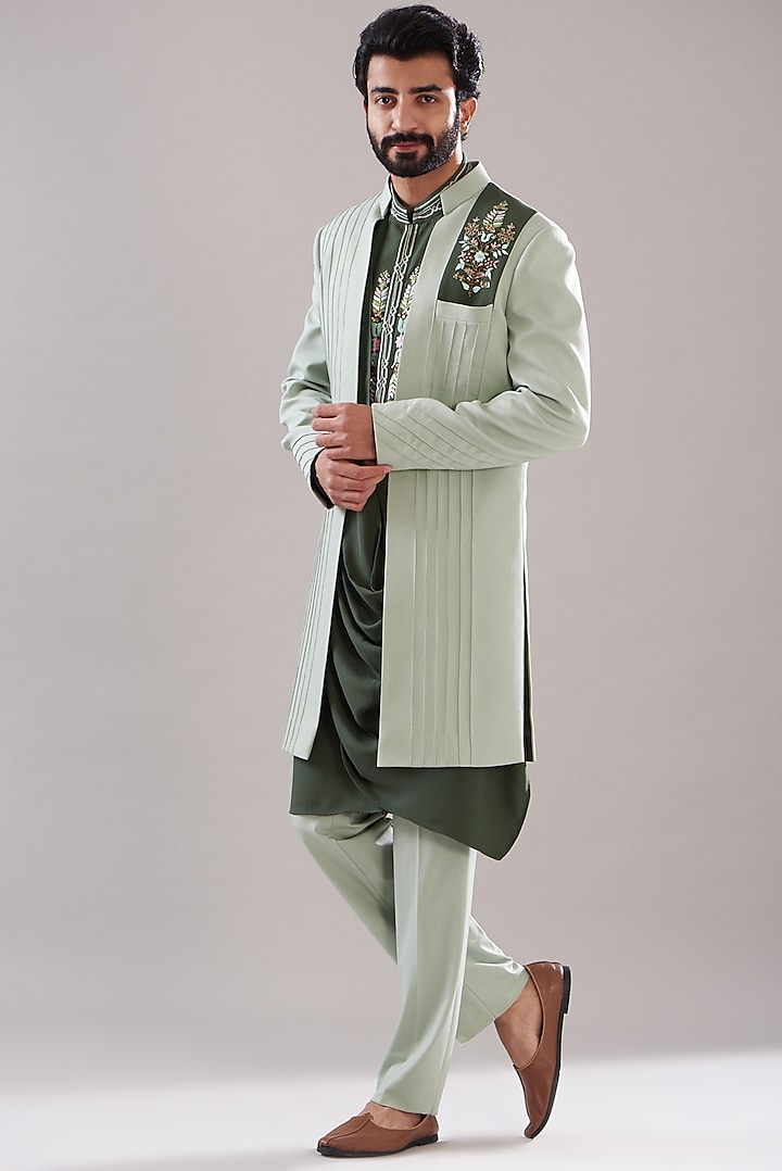Pista Green Suiting Indowestern Set by Design O Stitch Men