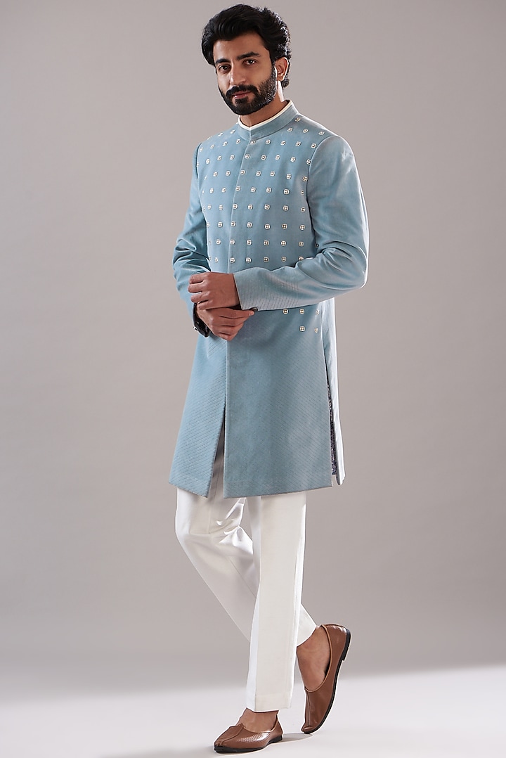 Sky Blue Suiting Indowestern Set by Design O Stitch Men