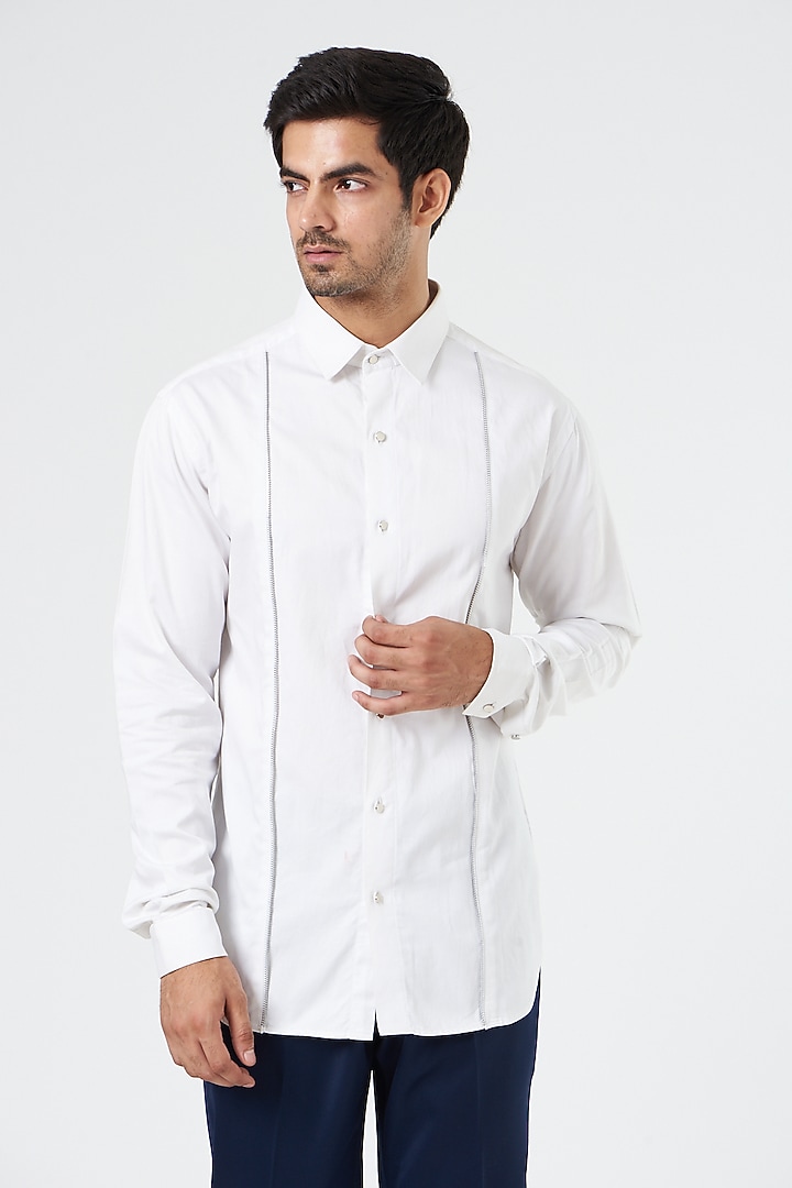 White Cotton Summer Shirt With Zip Detailing by Design O Stitch Men at Pernia's Pop Up Shop