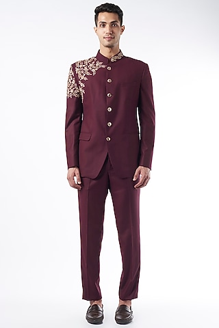 Wine Embroidered Bandhgala Jacket Set by Design O Stitch Men