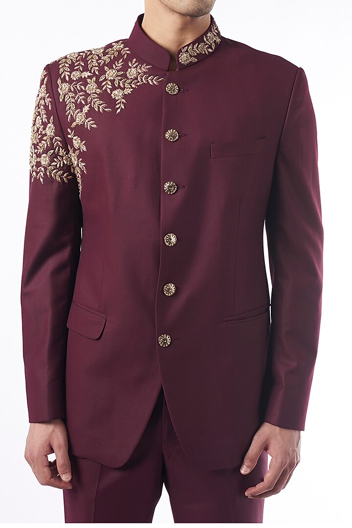 Wine Embroidered Wedding Bandhgala Jacket Set by Design O Stitch Men at Pernia's Pop Up Shop