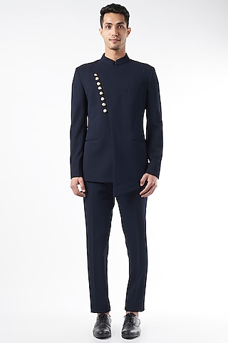Cobalt Blue Textured Bandhgala Jacket Set by Design O Stitch Men