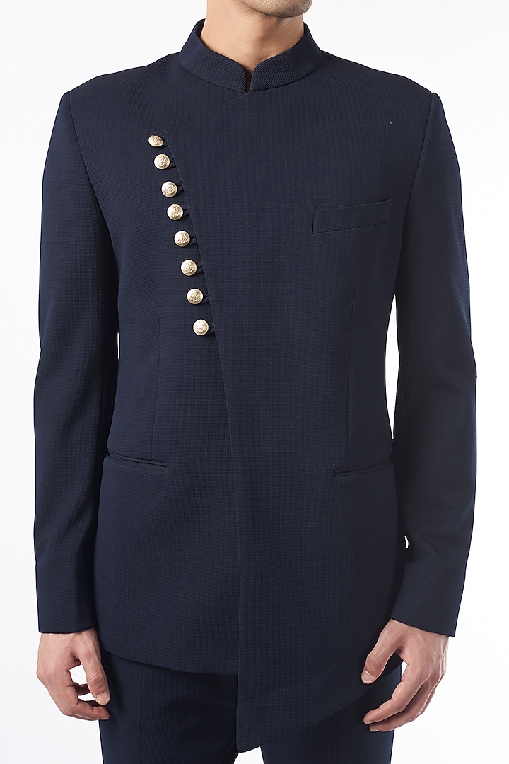 Cobalt Blue Textured Wedding Bandhgala Jacket Set by Design O Stitch Men at Pernia's Pop Up Shop