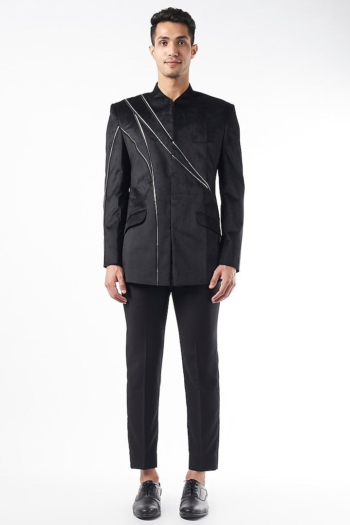 Black Velvet Bandhgala Jacket Set by Design O Stitch Men