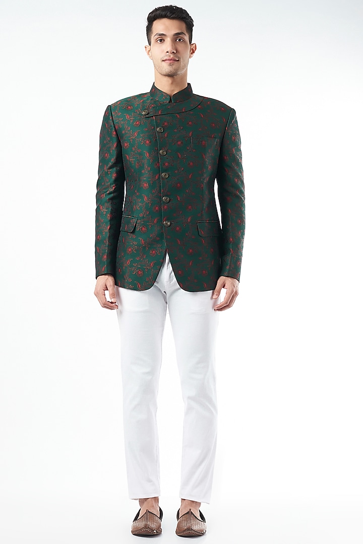 Emerald Green Brocade Bandhgala Jacket by Design O Stitch Men