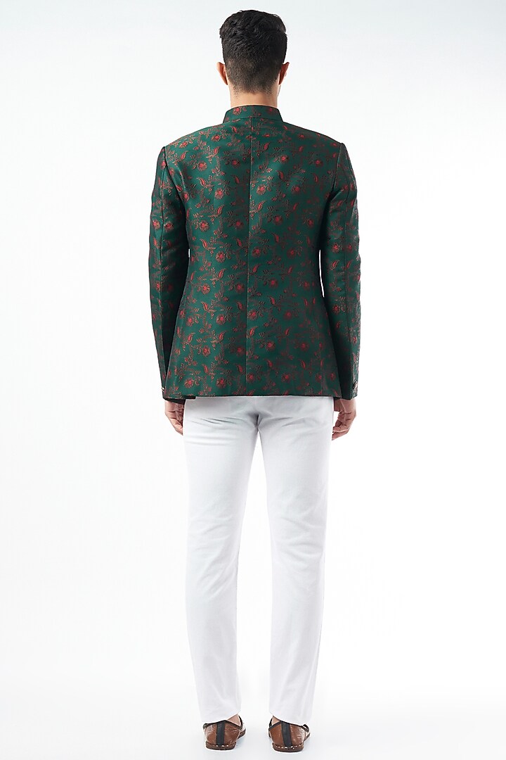 Emerald Green Brocade Bandhgala Jacket by Design O Stitch Men at Pernia's Pop Up Shop