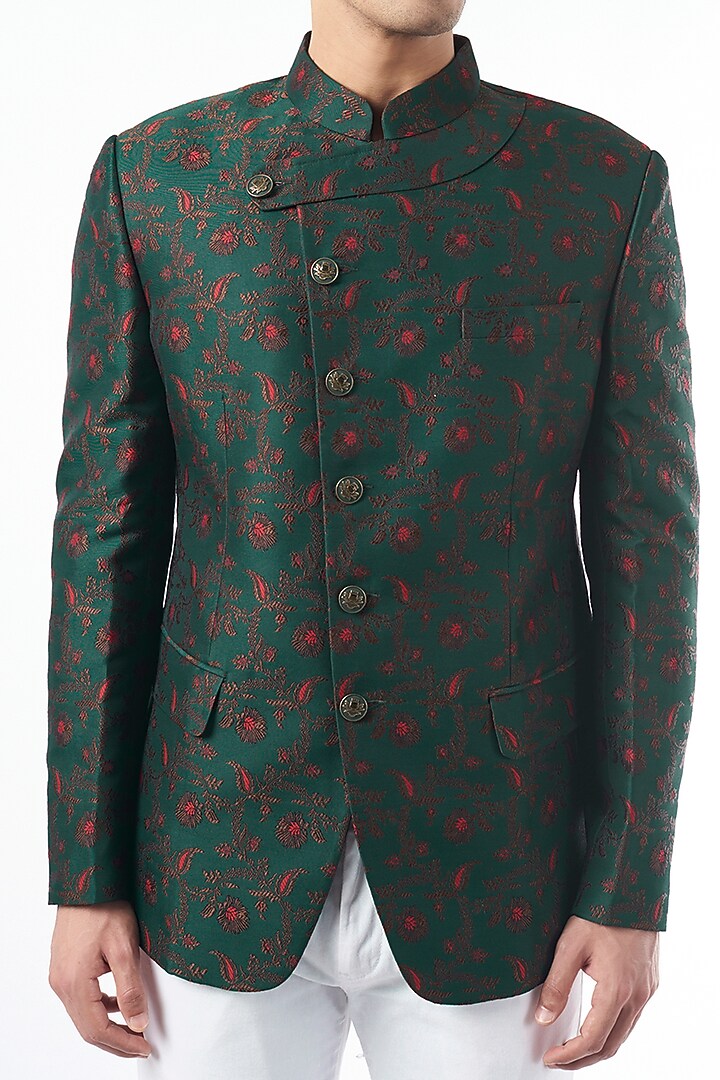 Emerald Green Brocade Bandhgala Jacket by Design O Stitch Men at Pernia's Pop Up Shop