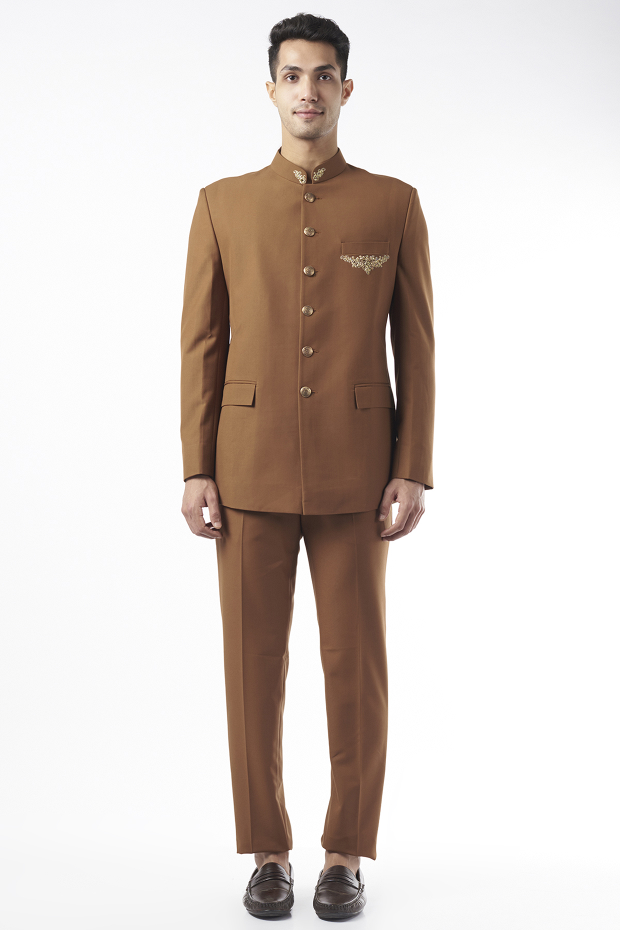Military Brown Suiting Wedding Bandhgala Jacket Set by Design O Stitch Men at Pernia's Pop Up Shop