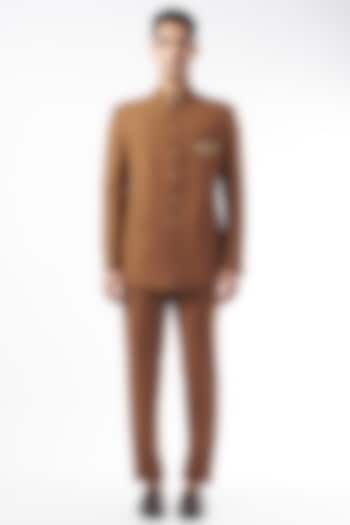 Military Brown Suiting Bandhgala Jacket Set by Design O Stitch Men
