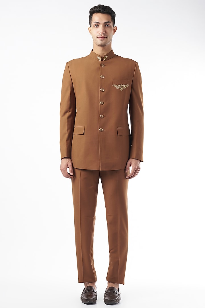 Military Brown Suiting Bandhgala Jacket Set by Design O Stitch Men