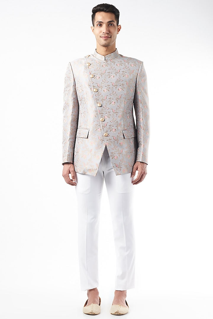 Grey Brocade Bandhgala Jacket Set by Design O Stitch Men