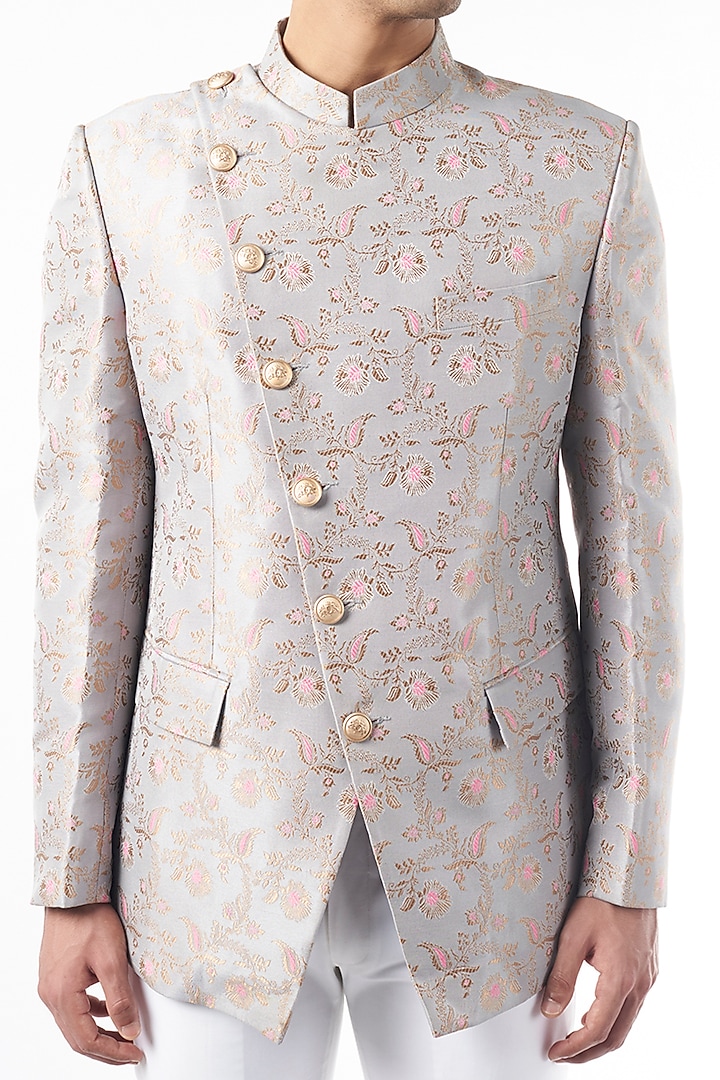 Grey Brocade Bandhgala Jacket Set by Design O Stitch Men at Pernia's Pop Up Shop