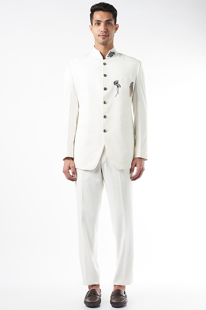 White Suiting Fabric Embroidered Bandhgala Jacket Set by Design O Stitch Men