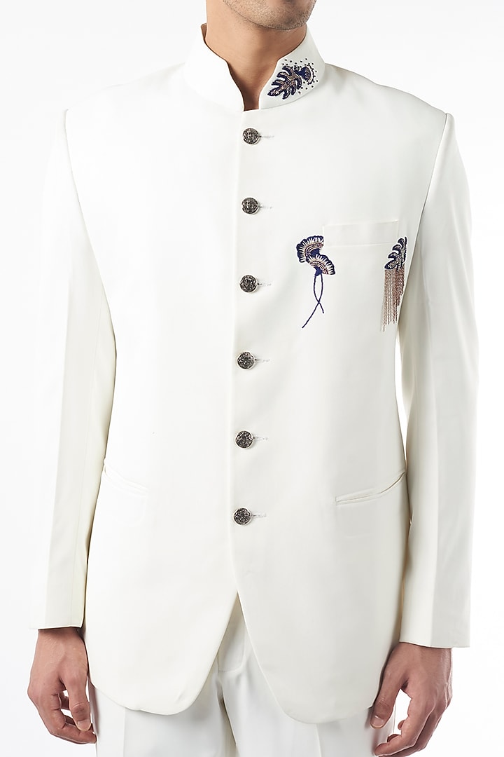 White Suiting Fabric Embroidered Wedding Bandhgala Jacket Set by Design O Stitch Men at Pernia's Pop Up Shop