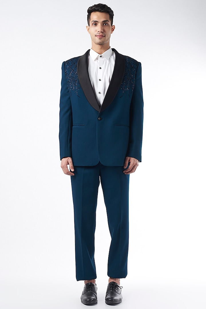 Turquoise Embroidered Tuxedo Jacket Set by Design O Stitch Men