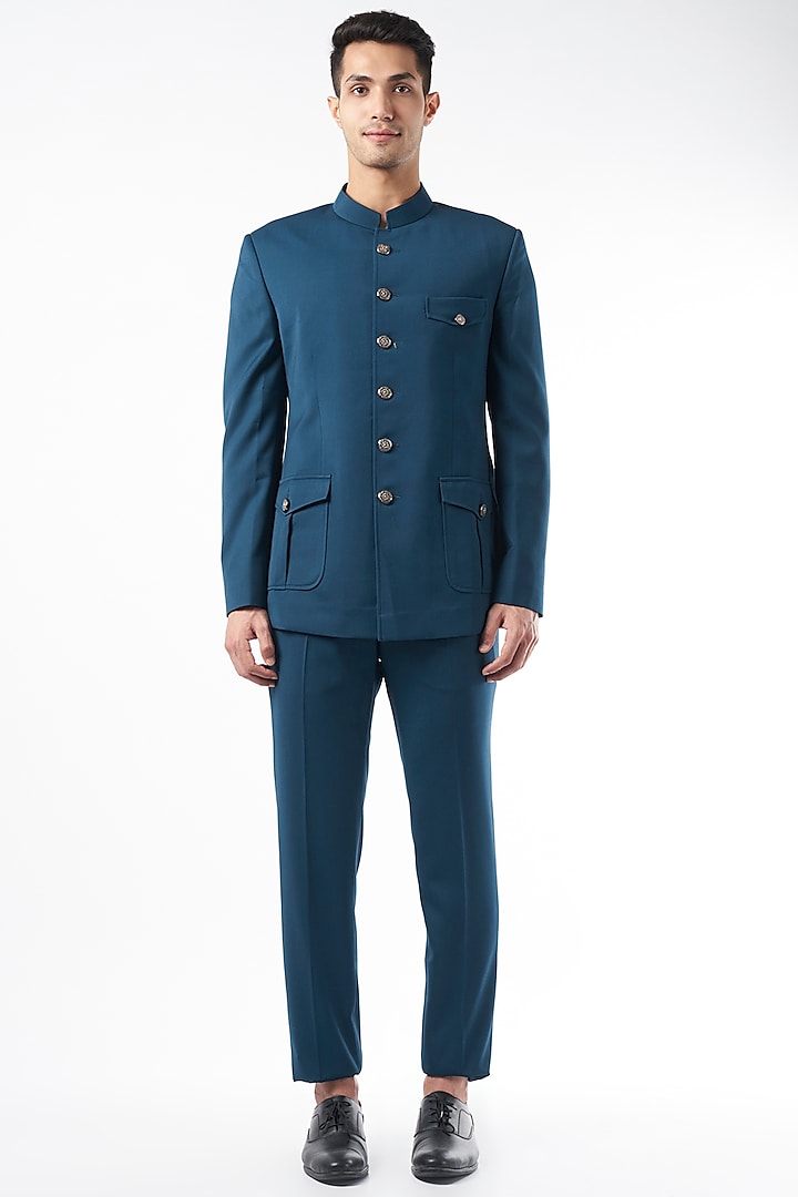 Cobalt Blue Suiting Bandhgala Jacket Set by Design O Stitch Men