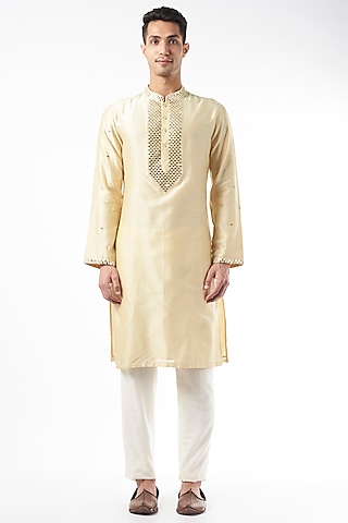 Beige Pure Chanderi Kurta by Design O Stitch Men