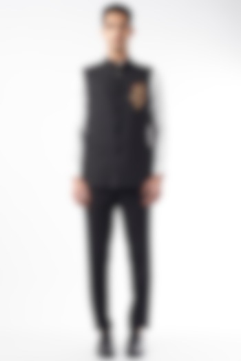 Black Suiting Zardosi Embroidered Bundi Jacket by Design O Stitch Men