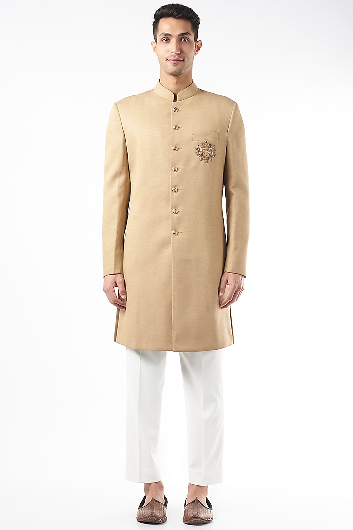 Beige Embroidered Indo Western Jacket Set by Design O Stitch Men at Pernia's Pop Up Shop