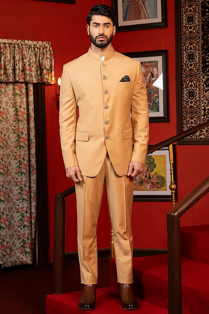 Beige Suiting Fabric Bandhgala Set by Design O Stitch Men