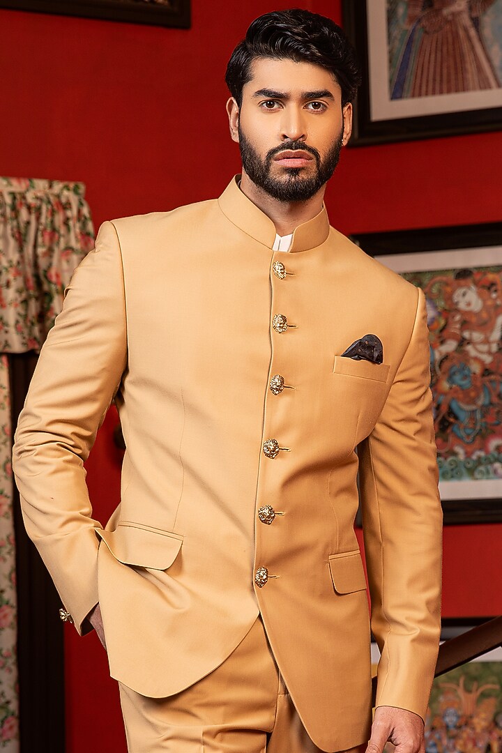 Beige Suiting Fabric Bandhgala Set by Design O Stitch Men at Pernia's Pop Up Shop