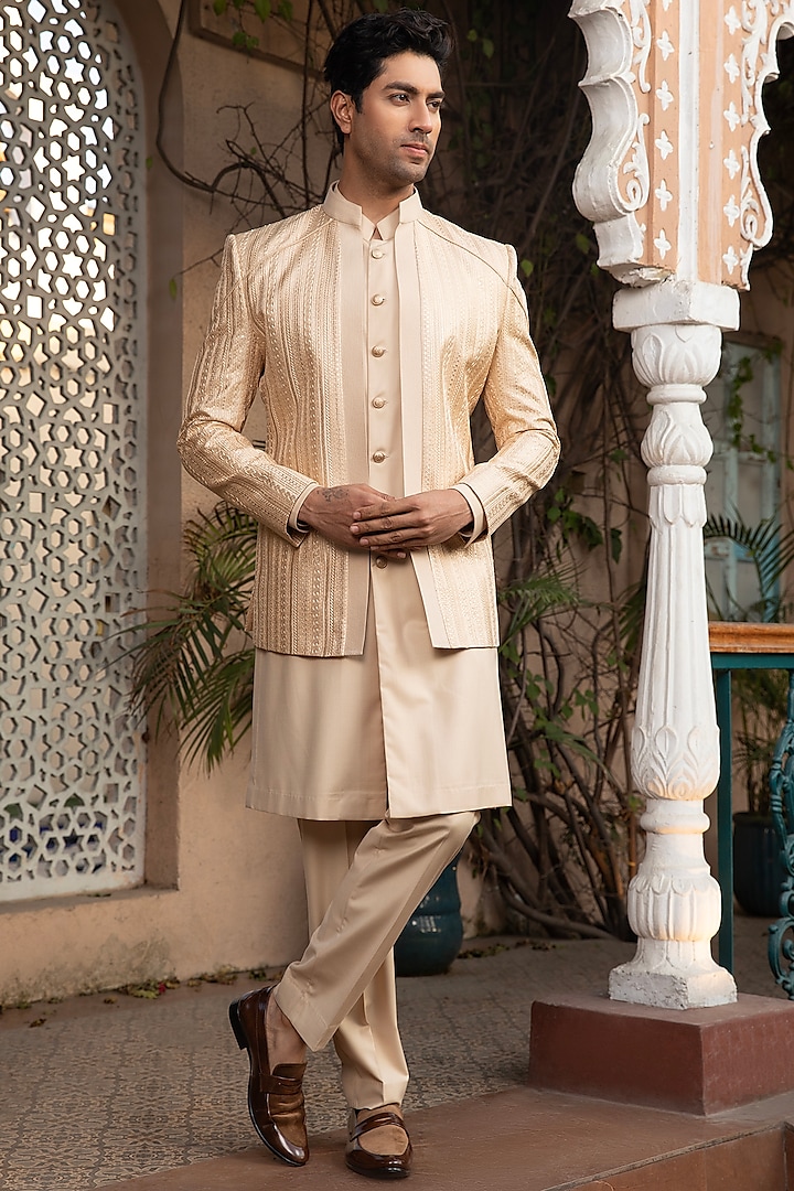 Gold Brocade Anchor Embroidered Indowestern Set by Design O Stitch Men at Pernia's Pop Up Shop