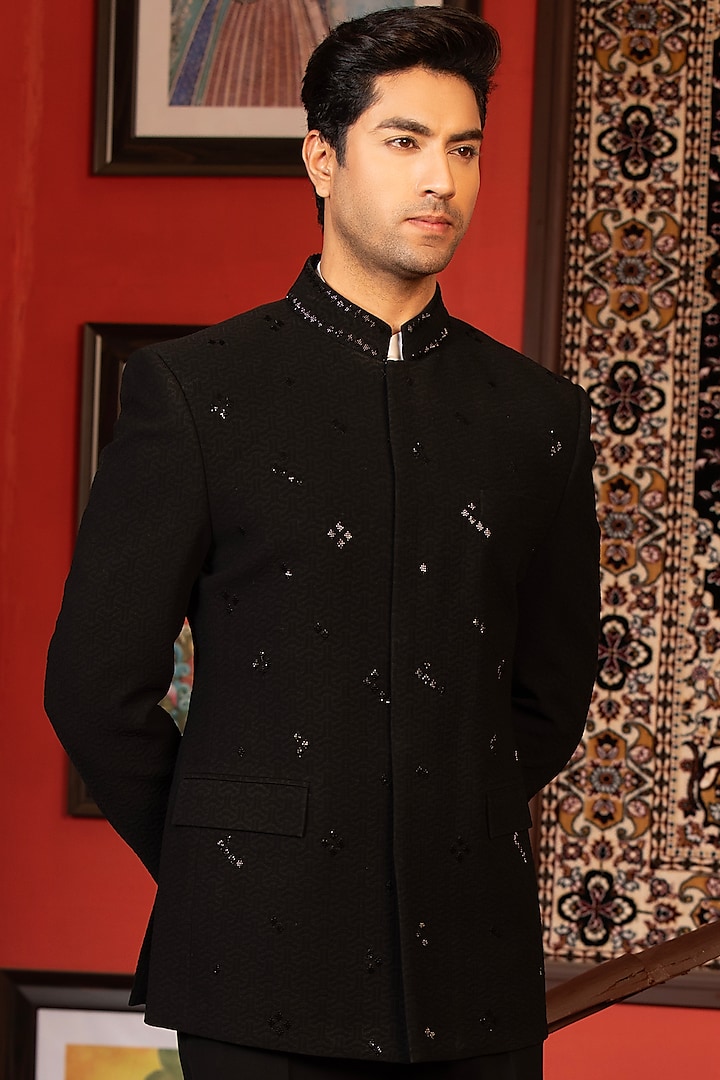 Black Textured Fabric Embroidered Wedding Bandhgala Set by Design O Stitch Men at Pernia's Pop Up Shop