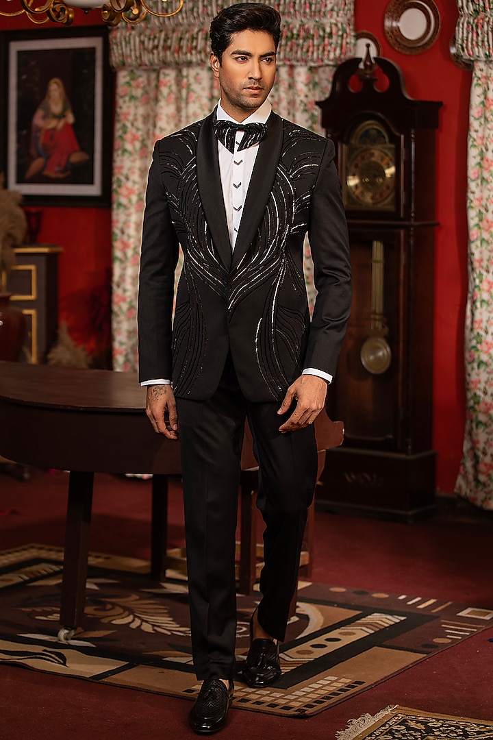 Black Suiting Fabric Hand Embroidered Tuxedo Set by Design O Stitch Men at Pernia's Pop Up Shop