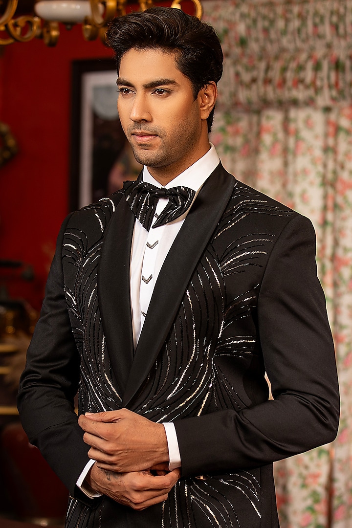 Black Suiting Fabric Hand Embroidered Tuxedo Set by Design O Stitch Men at Pernia's Pop Up Shop