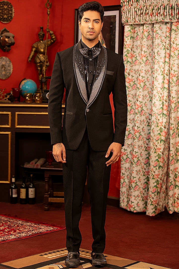 Black Suiting Fabric Hand Embroidered Tuxedo Set by Design O Stitch Men