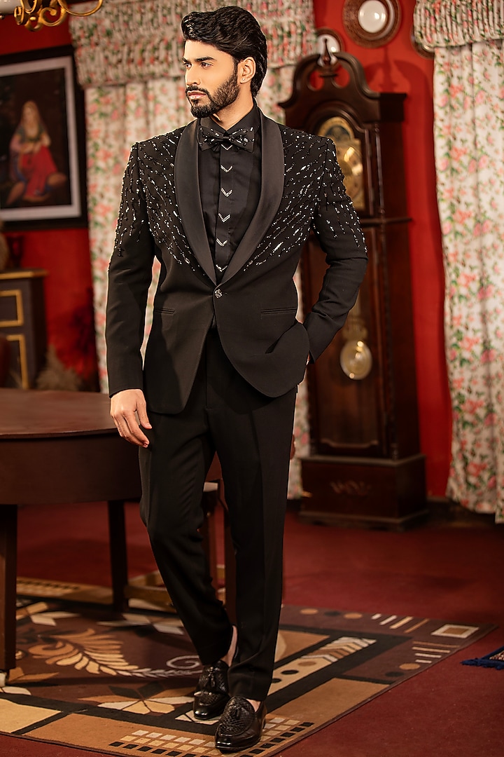 Black Suiting Fabric Hand Embroidered Tuxedo Set by Design O Stitch Men at Pernia's Pop Up Shop