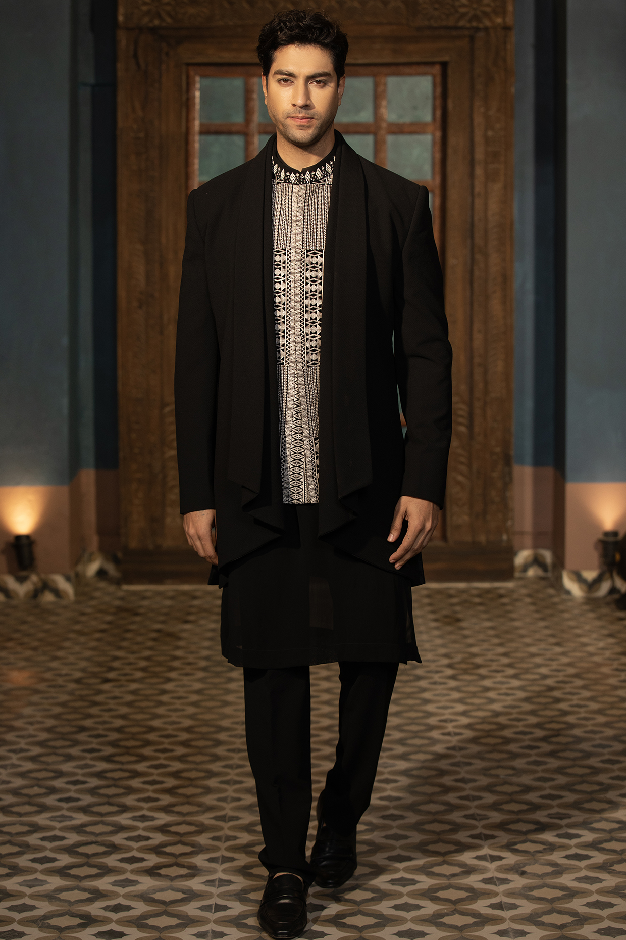 Black Textured Fabric Embroidered Indo Western Set by Design O Stitch Men