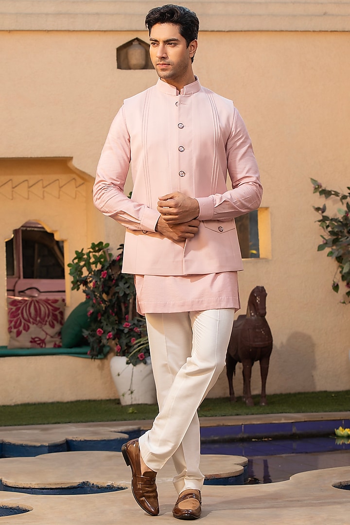 Pink Suiting Fabric & Cotton Silk Jawahar Jacket Set by Design O Stitch Men