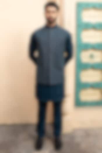 Blue Suiting Fabric Hand Embroidered Jawahar Jacket Set by Design O Stitch Men