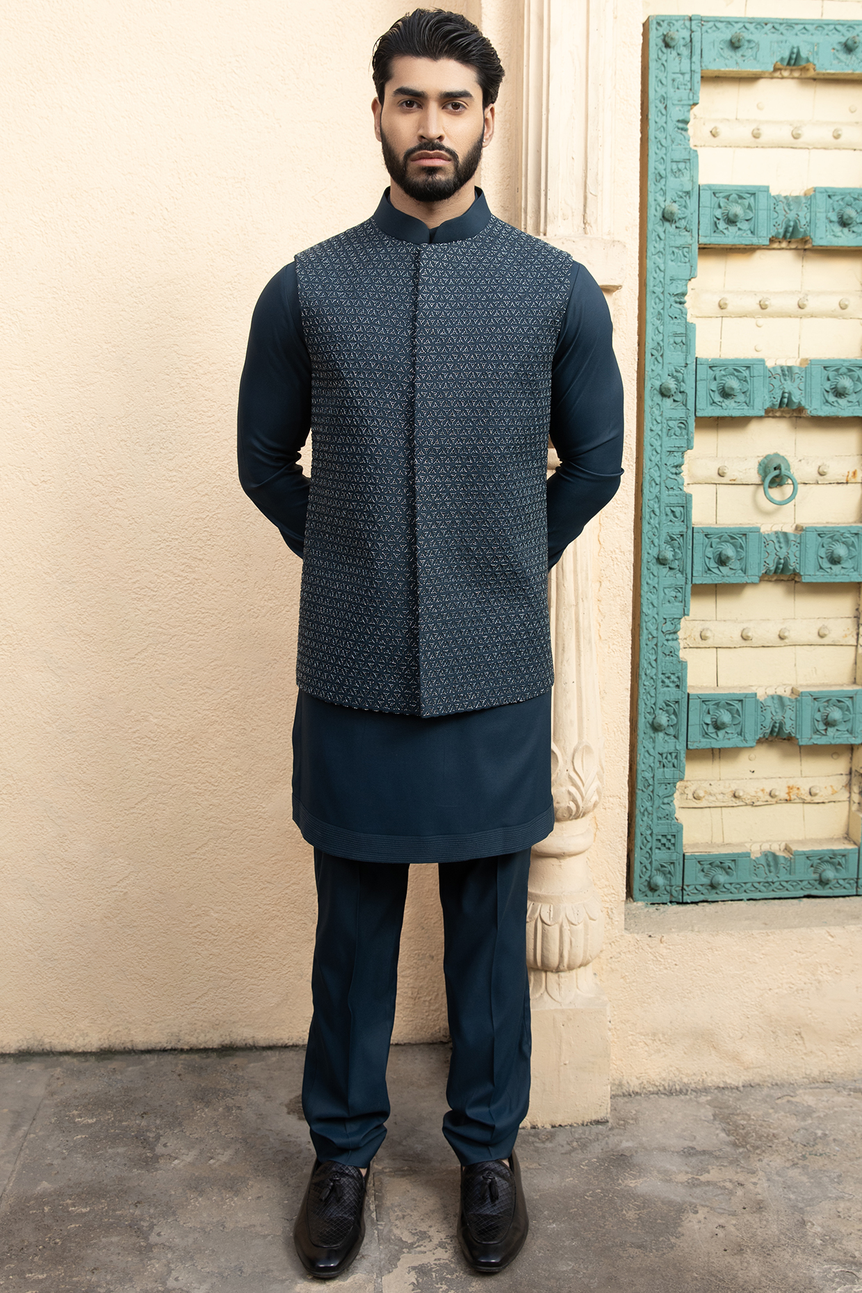 Blue Suiting Fabric Hand Embroidered Jawahar Jacket Set by Design O Stitch Men