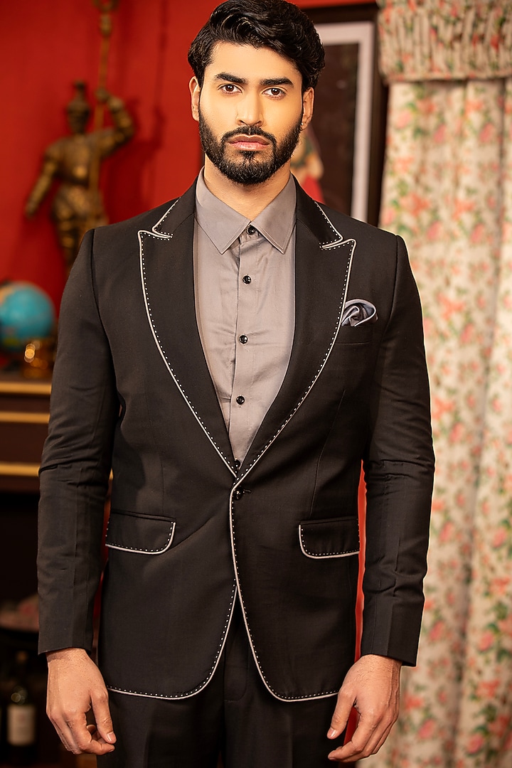 Dark Grey Suiting Fabric Tuxedo Set by Design O Stitch Men at Pernia's Pop Up Shop